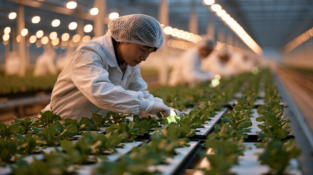Greenhouse cultivation workers in hairnets and gloves tending hydroponic lettuce rows under artificial grow lights, warm amber interior illuminating dozens of colleagues along the growing corridor, 