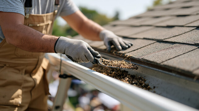 Gutter cleaning technician balancing on a ladder above a crowded suburban street market, close up on gloved hands scooping debris from a clogged fascia channel, a streaming webcam mounted to the lad