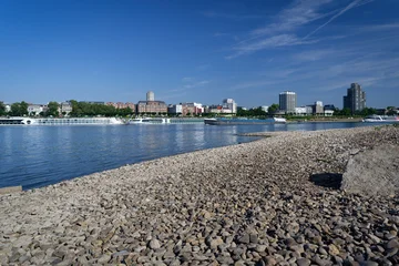 A cargo barge and cruise ships on the Rhine river in Germany during extreme low water in July 2026. Large dry pebble bank in front © gehapromo