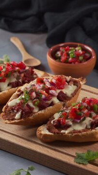 Mexican Comfort Food. Toasted Bolillo Bread with Beans, Cheese, and Spicy Salsa