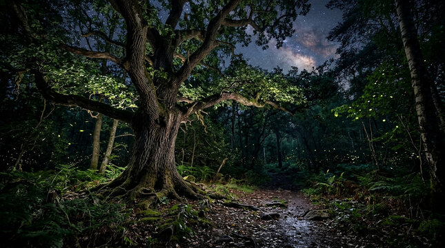 Ancient gnarled oak tree in a magical forest path under a starry night sky
