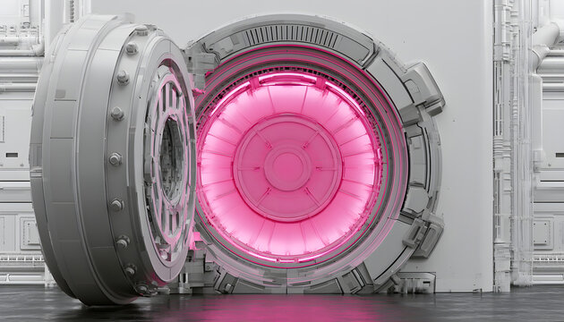 A futuristic bank vault door with a glowing pink core and metal elements. A secure entrance to a safe in a dark industrial space. Conceptual sketch of a high-tech security system on a white wall.