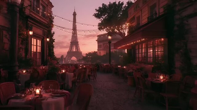Paris, France, Europe. A vivid portrayal of a romantic Parisian setting at dusk. The Eiffel Tower stands majestically in the background, illuminated by the soft glow of the setting sun.