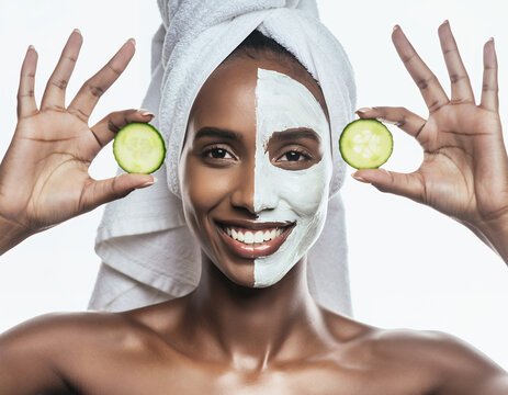 Smiling African American Woman with Clay Face Mask and Cucumber Slices