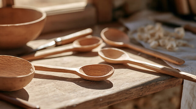 Hand-carved wooden spoons arranged in a still life on a modest kitchen windowsill, tools and curled wood shavings resting beside a half finished piece, the scene evoking patient craft and domestic s