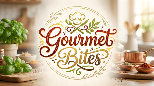 Gourmet bites handwritten logo with chef hat and kitchen background