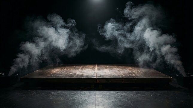 Dramatic empty stage with swirling smoke and dark background creating a mysterious atmosphere for performance or presentation concepts