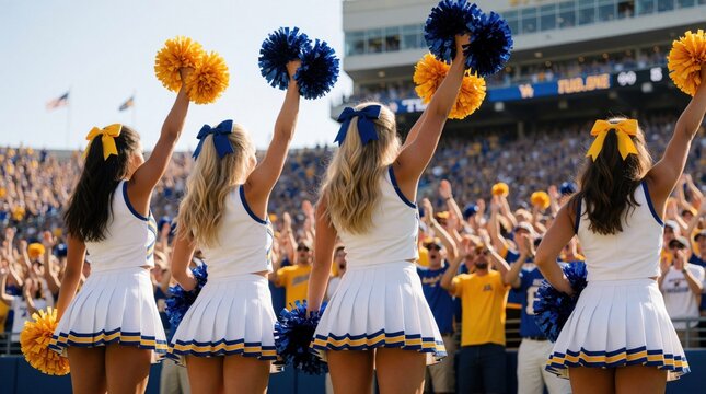 Group of young high school cheerleaders perform at stadium football game. Girls hold blue, yellow pom poms raising hands up to support home team. Energetic athletes cheer for crowd during athletic