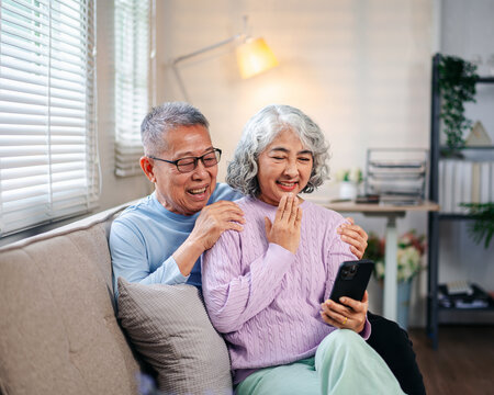 Asian Elderly Couple Enjoying Social Media Together On Phone At