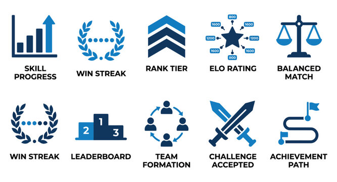 Set of video game icons for player progress rank achievement leaderboard and competitive match statistics Minimal solid fill icon set bundle collection. Editable Vector Illustration Mega pack