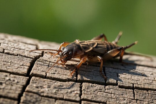 Extreme close up of mole cricket on cracked wood, blurred green background. Insect detailed texture, legs, antennae visible. Natural habitat focus.