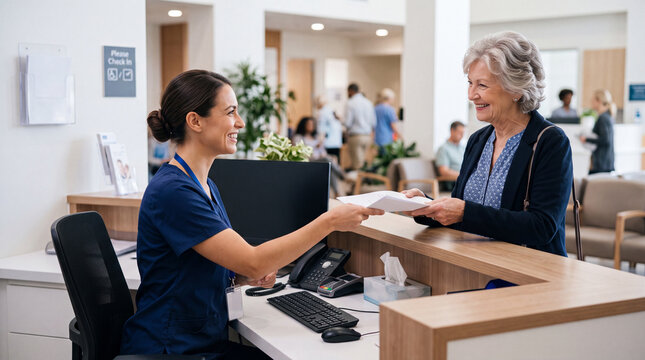 Smiling nurse in blue scrubs talking to a patient in a modern hospital clinic.