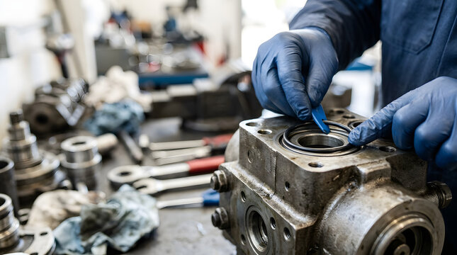 Mechanic installing a rubber O-ring seal on a mechanical component. Close up of professional technician performing precision repair. Industrial assembly and maintenance concept