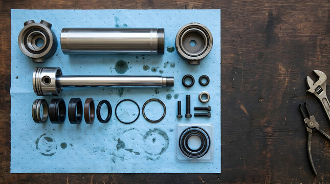 Flat lay of disassembled hydraulic cylinder parts on a blue shop towel. Organized mechanical components for repair on a wooden workbench. Industrial maintenance concept