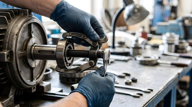 Mechanic using a bearing puller tool to repair an electric motor. Close up of hands in gloves performing mechanical maintenance in a workshop