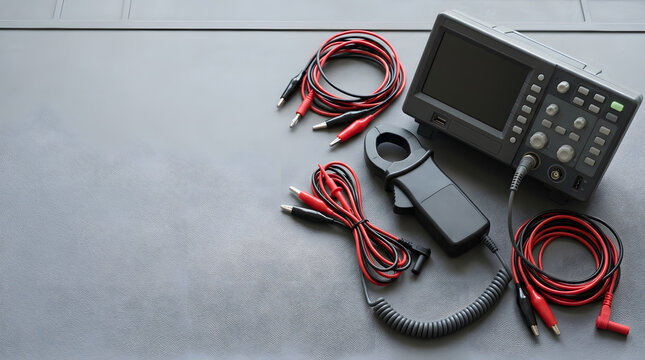Digital oscilloscope and electrical testing equipment on a workbench. Current clamp and test leads for diagnostic. Electronics laboratory tools