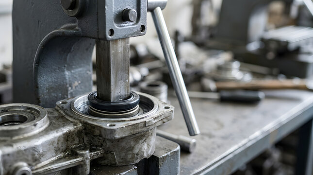 Manual arbor press installing a bearing into a metal housing. Industrial machine shop assembly process. Mechanical repair and maintenance