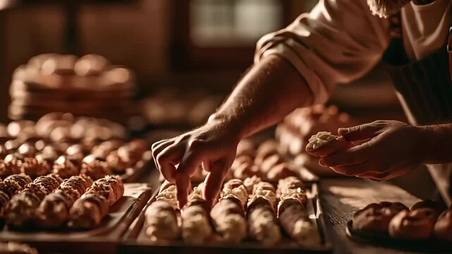 Paris, France, Europe. A detailed, closeup shot of a baker in a rustic bakery. The baker, wearing a white shirt and apron, meticulously places a pastry on a tray.