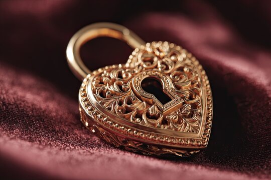 Ornate Golden Heart Shaped Lock with Intricate Detailing and Vintage Aesthetic