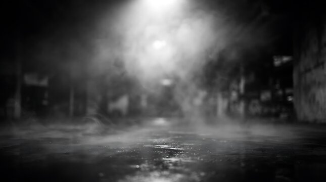 Dramatic black and white photograph of a foggy street at night with a bright streetlamp illuminating the mist and wet pavement
