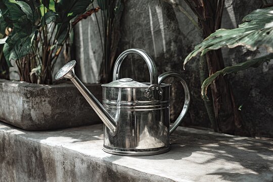 Polished metal watering can filled with water rests on a concrete surface amidst lush green plants