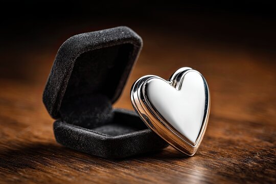 Polished Silver Heart Locket Beside an Open Black Velvet Jewelry Box