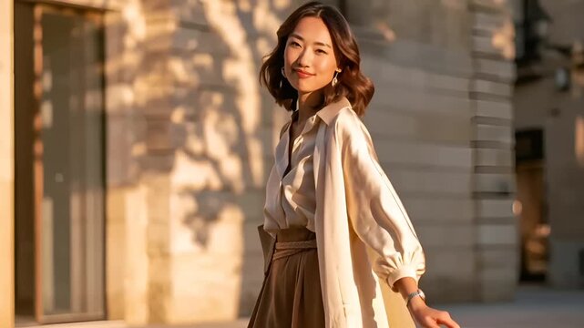 Paris, France, Europe. A vibrant, sunlit portrait of a woman standing outdoors. She wears a white blouse and a brown skirt, accessorized with a beige handbag. Her hair is styled in loose waves.