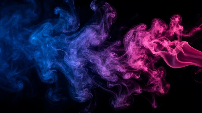 Dramatic swirling smoke in vibrant shades of blue purple and pink against a dark black background creating an abstract artistic composition