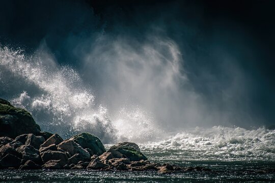 Powerful ocean waves crashing against rugged, moss-covered rocks during a dramatic stormy sea, showcasing nature's immense force and untamed beauty.