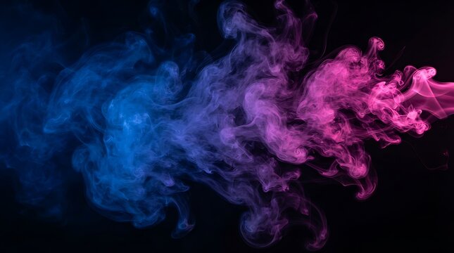 Abstract swirling smoke in vibrant shades of blue and magenta against a dark black background creating a dramatic and artistic visual effect