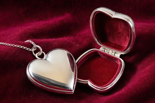 Polished silver heart-shaped locket pendant with open case resting on a rich velvet surface, showcasing vintage elegance and sentimental value.