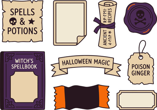 Witch craft spell book and magic potion labels for mystical graphics