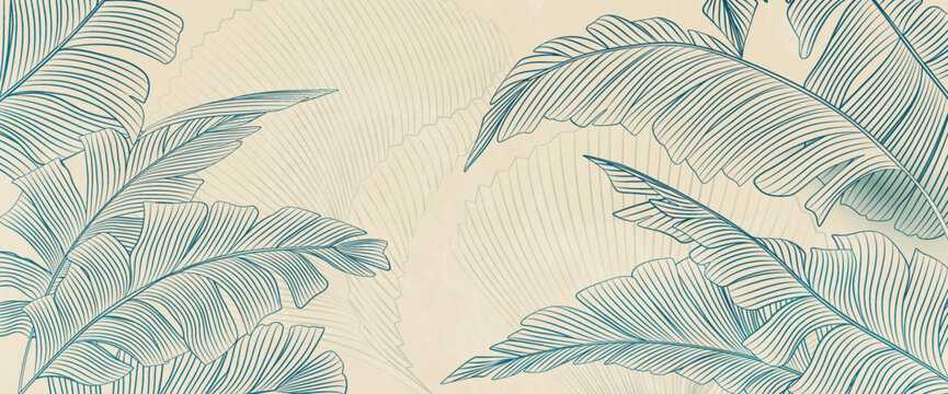 Luxury botanical art background with hand-drawn blue or green tropical leaves in line style. Natural vector banner for decor, wallpaper, prints, packaging, textiles, and interiors.