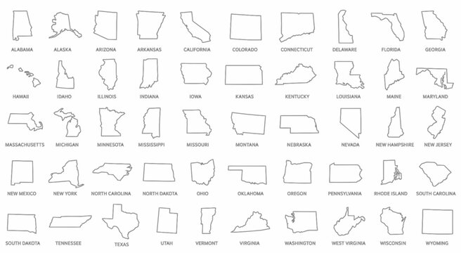USA state Map and map outlines vector illustration, america map line drawings. Ideal for educational materials, travel content, graphic design projects. De