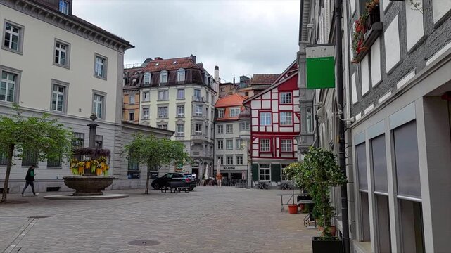 Historic Town Square with Traditional Colourful Buildings, St. Gallen Switzerland 4K