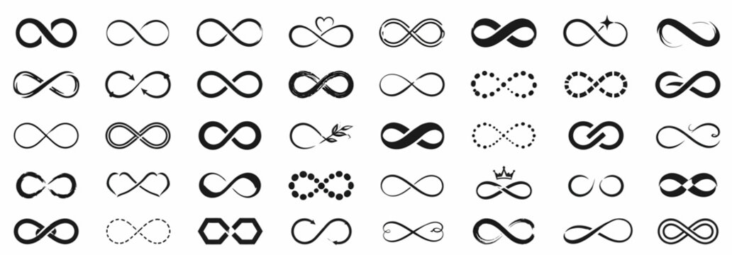 Infinity symbols collection, for logo design, branding, mathematical representation. Various infinity icon styles, simple to artistic. Endless, eternal, li