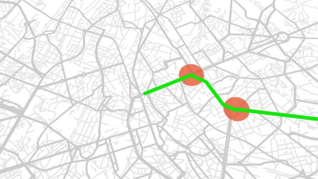 Stylized 3D digital streets map tracing green route. 3D rendering GPS map navigator with direction path, different color of a route for transport concept.  From right to left. Animated Video