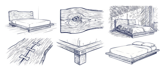 Fototapeta premium Wooden bed frame live edge furniture sketch set showing custom timber platform bed design, woodworking butterfly joint details, and modern rustic interior concept drawings for bedroom decor.