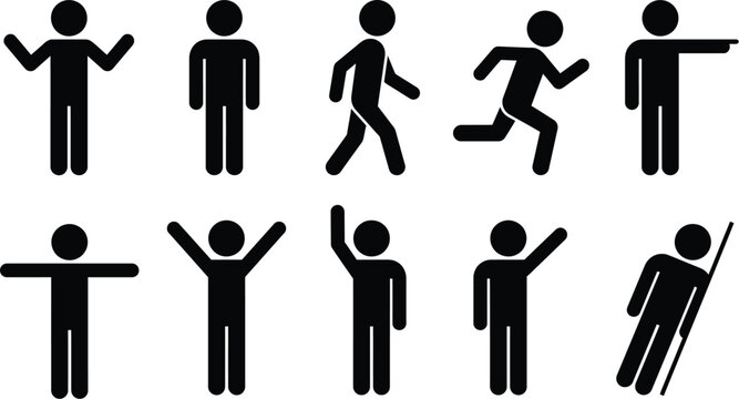 Set of ten black stick figure depicting various human poses, actions, and gestures on a white background