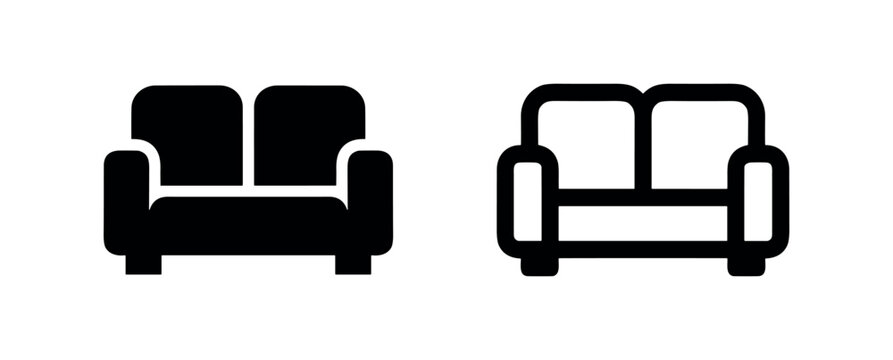 Sofa Icon: Solid Black Silhouette and Outline
