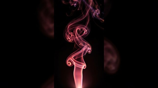 Elegant pink smoke gracefully swirling and forming an abstract feminine shape against a dark black background creating a mystical atmosphere