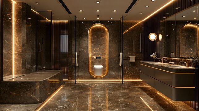 Sophisticated luxury bathroom with black sinks and mirror picture