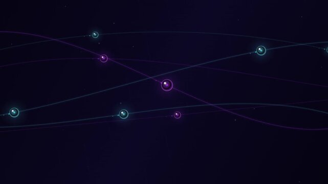 Abstract digital data network animation with glowing particles moving on curved lines