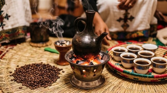 Traditional Ethiopian coffee ceremony with jebena and buna beans