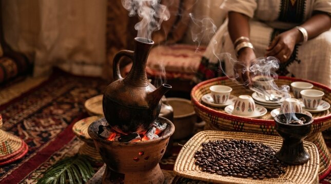 Traditional Ethiopian coffee ceremony with brewing jebena and roasted beans