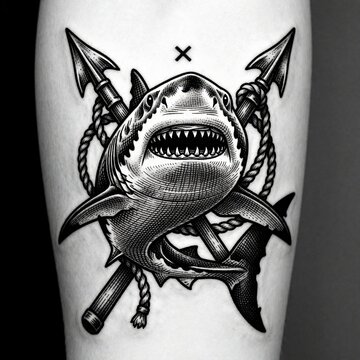 Black, white tattoo design with crossed harpoons. Angry predator fish illustration features sharp teeth, rope details. Aggressive marine animal drawing suits nautical theme ink art style. Bold