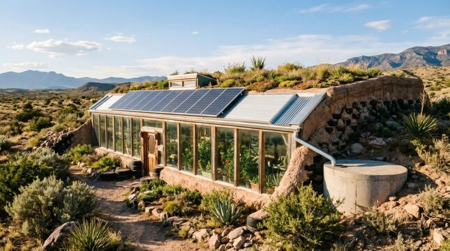 Sustainable earth sheltered greenhouse with solar panels and water tank in arid landscape