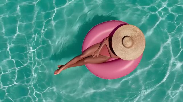 Summer hot vibe lifestyle. A topdown view of a person floating on a pink inflatable ring in a turquoise swimming pool. The person wears a widebrimmed straw hat and a matching pink swimsuit.