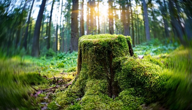 Moss Covered Tree Stump In Dense Forest Undergrowth Closeup