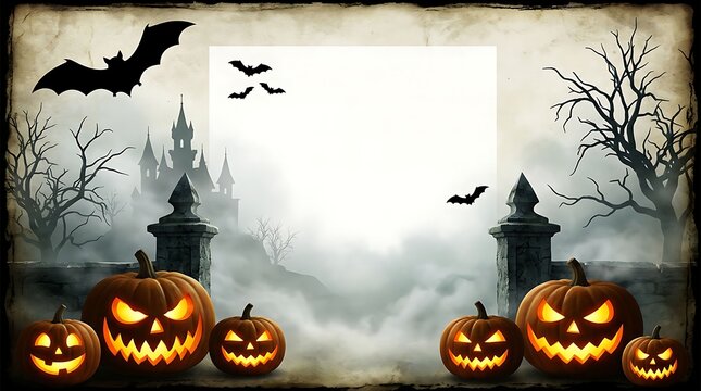 Group of scary carved pumpkins with glowing faces standing before an old spooky castle at night